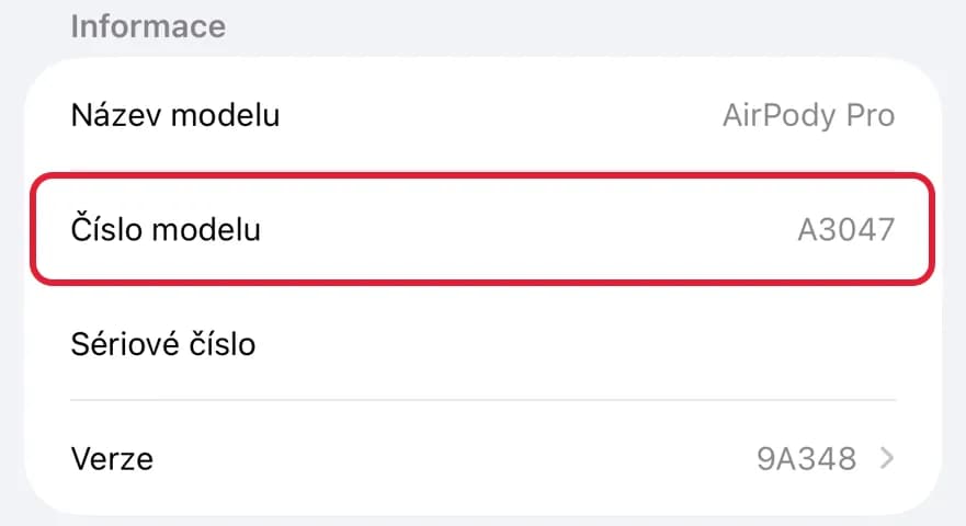 AirPods Bluetooth settings with the Model Number line A3047 highlighted