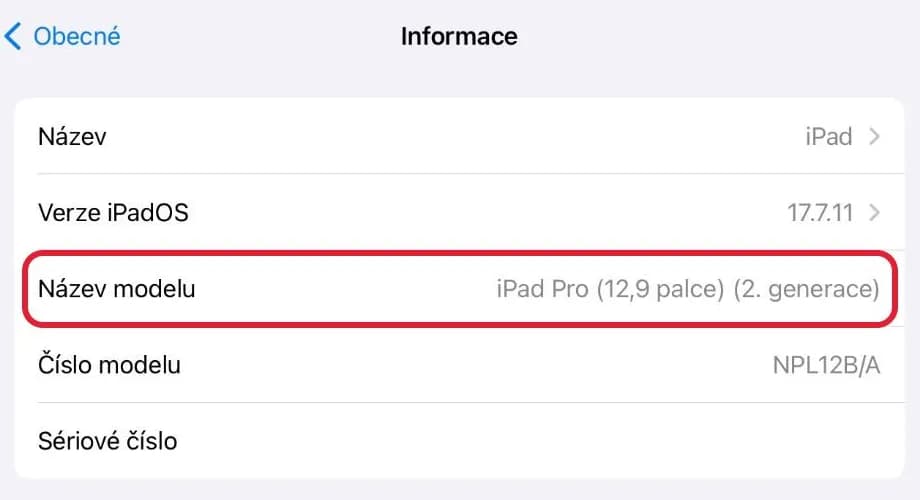 iPad Settings, About, with the Model Name line highlighted