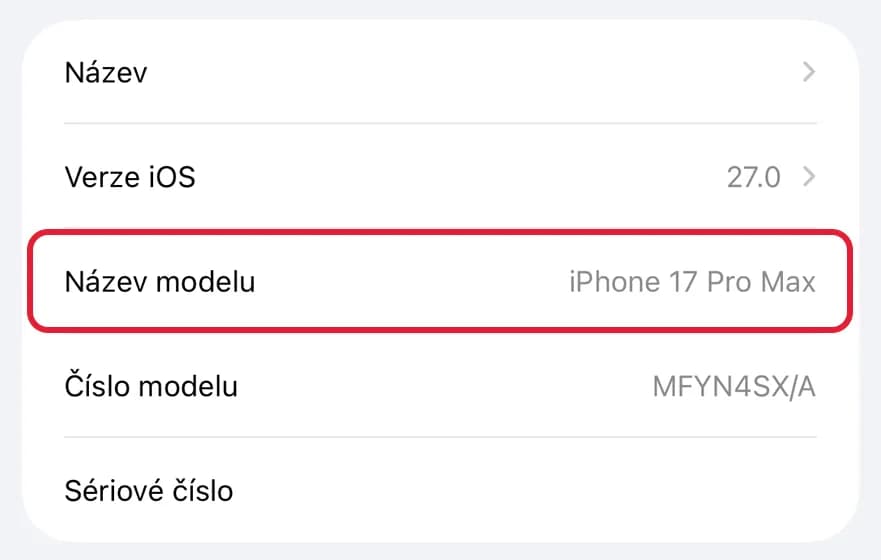 iPhone Settings, About, with the Model Name line highlighted