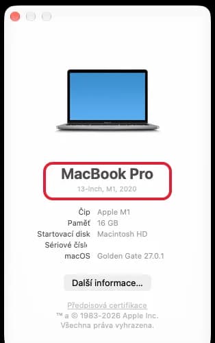 About This Mac window with the name MacBook Pro 13-inch, M1, 2020 highlighted