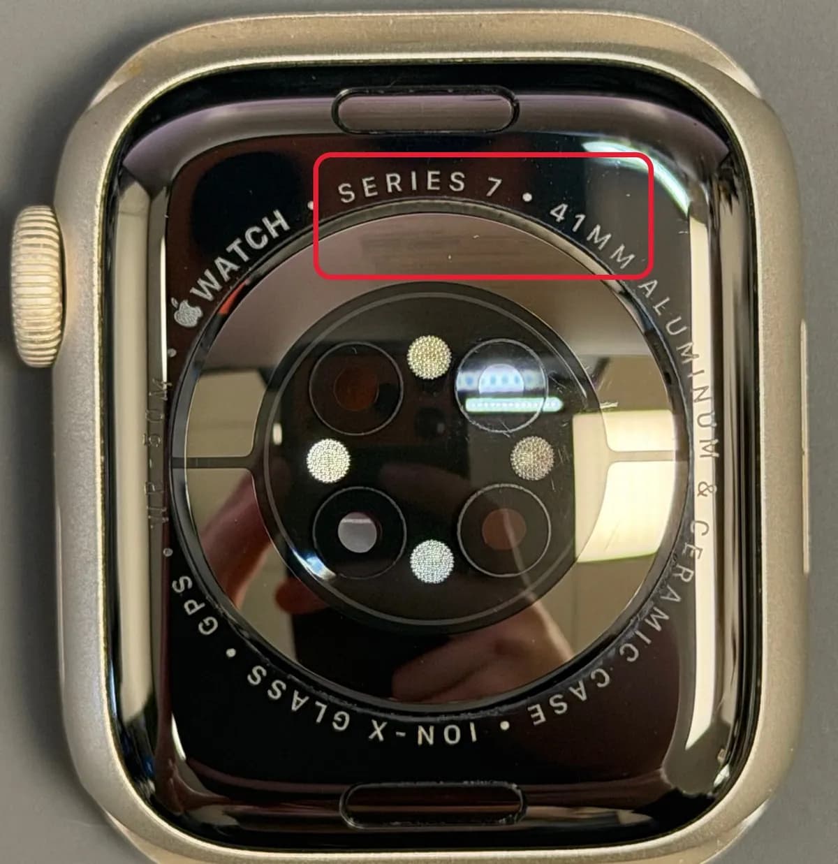 Back of an Apple Watch with Series 7 and 41MM highlighted