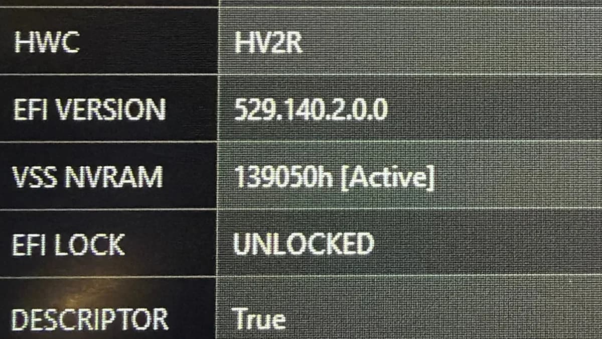 Výpis upraveného firmwaru, řádek EFI LOCK: UNLOCKED