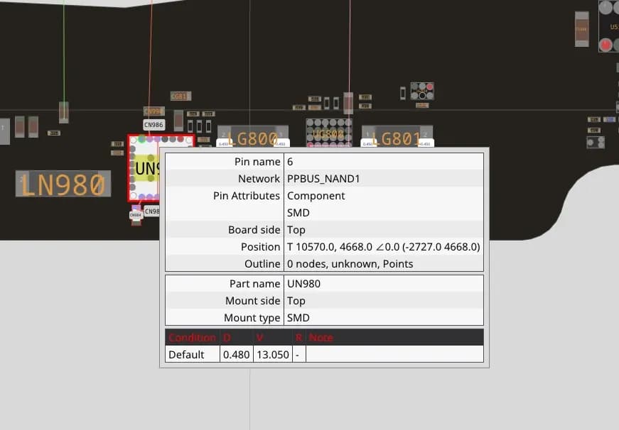 Schéma desky MacBooku v programu boardview se zvýrazněnou napájecí větví SSD