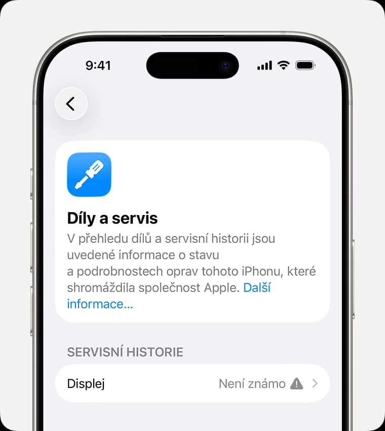 Nastavení iPhonu, Díly a servis: u položky Displej je uvedeno „Není známo“ s výstražnou ikonou.