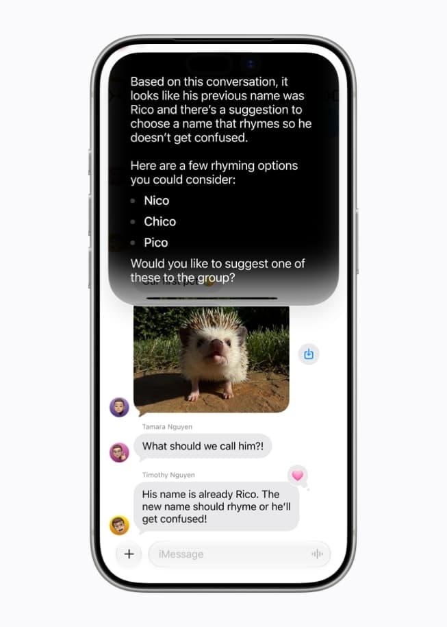 Ukázka Siri AI při práci s osobním kontextem v konverzaci. Zdroj: Apple Newsroom.
