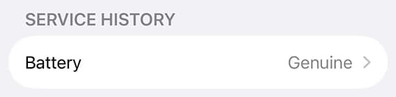 Detail of iPhone Settings: Battery is listed as “Genuine”.