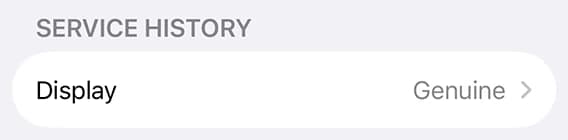 Detail of iPhone Settings: Display is listed as “Genuine”.