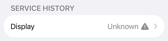 Detail of iPhone Settings: Display is listed as “Unknown” with a warning icon.