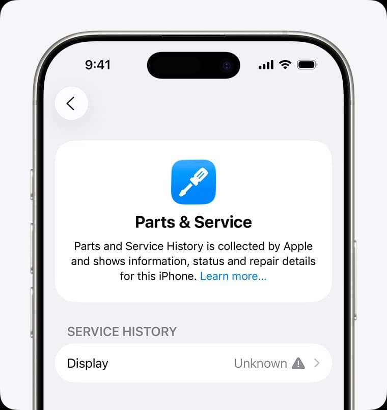 iPhone Settings, Parts & Service: Display is listed as “Unknown” with a warning icon.